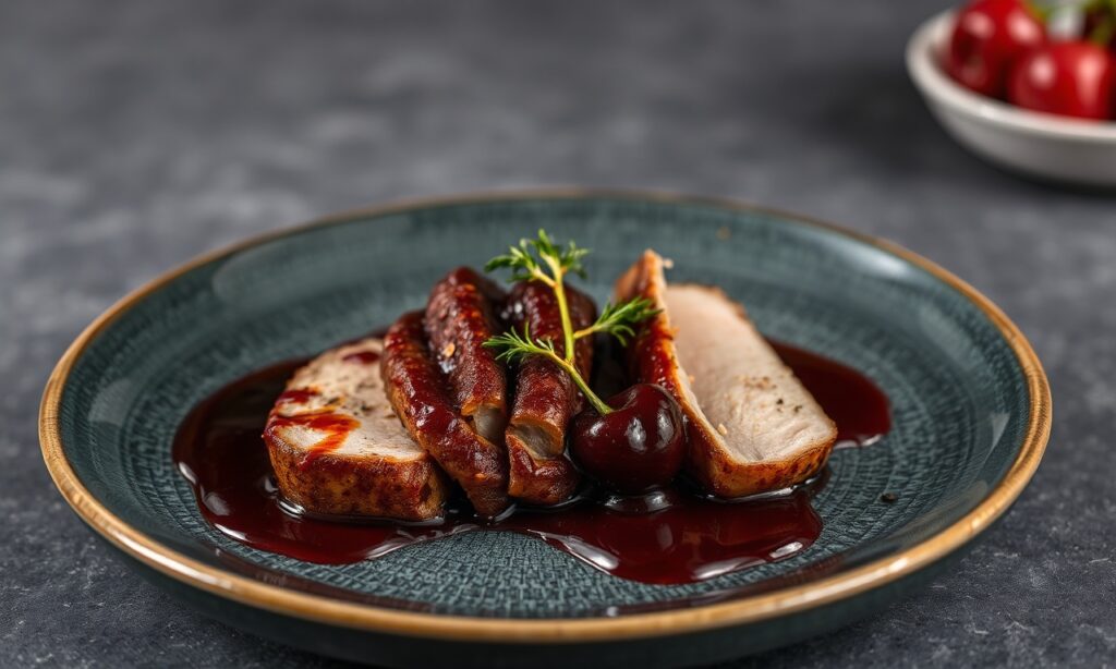 Savor seared duck breast with rich cherry sauce, a decadent dish.