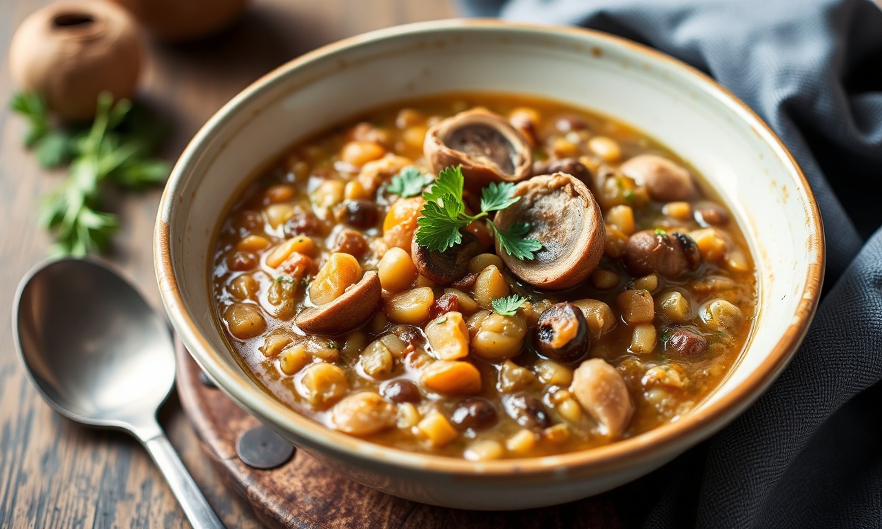 Hearty lentil and mushroom stew, a comforting vegan meal.