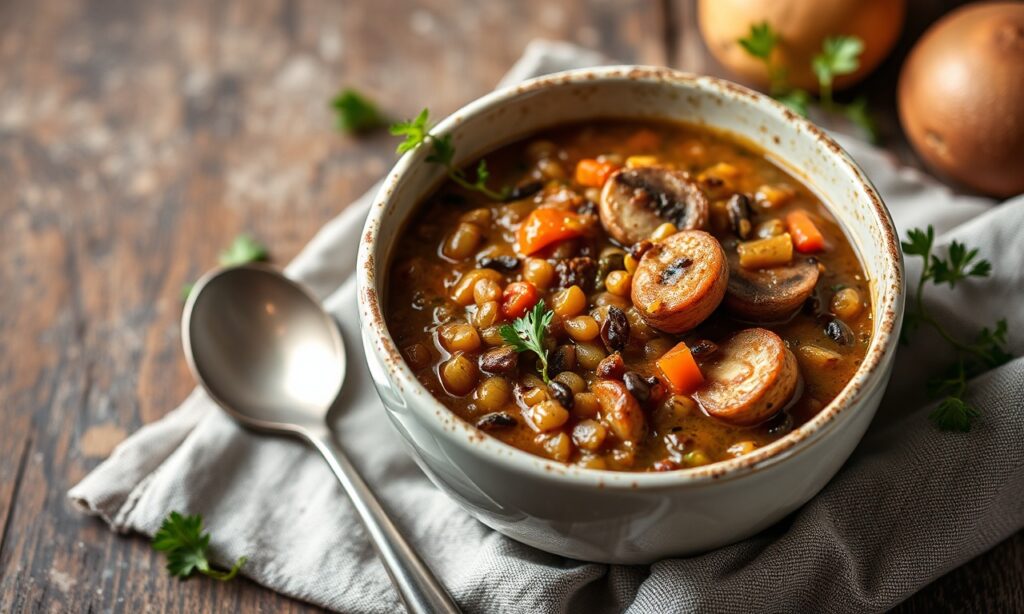 Hearty lentil and wild mushroom stew, a comforting vegan meal.