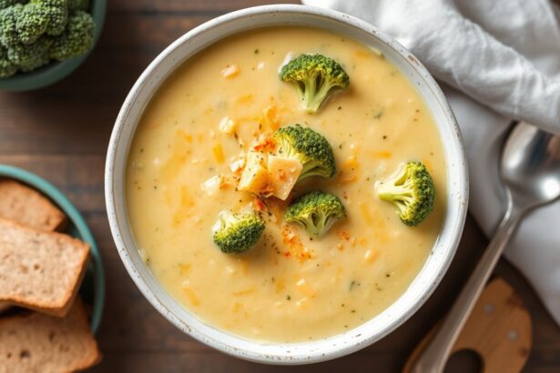 Creamy keto broccoli cheddar soup bowl, low-carb comfort food.