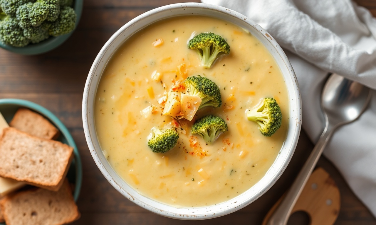 Creamy keto broccoli cheddar soup bowl, low-carb comfort food.