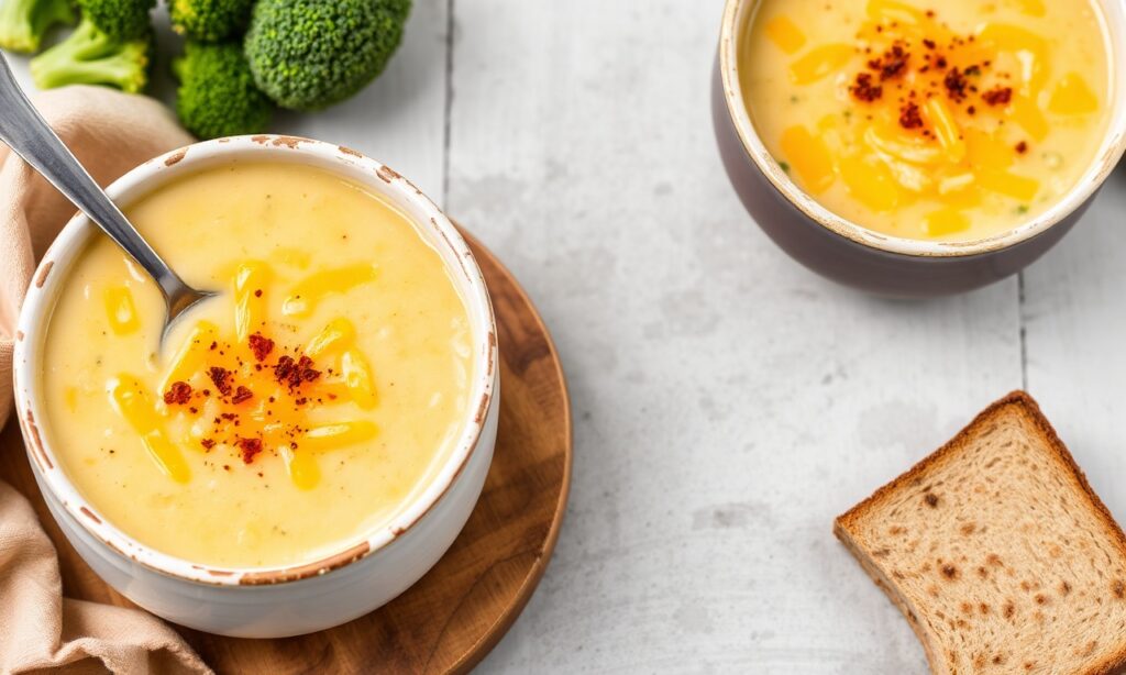 Creamy keto broccoli cheddar soup, a comforting low-carb bowl.