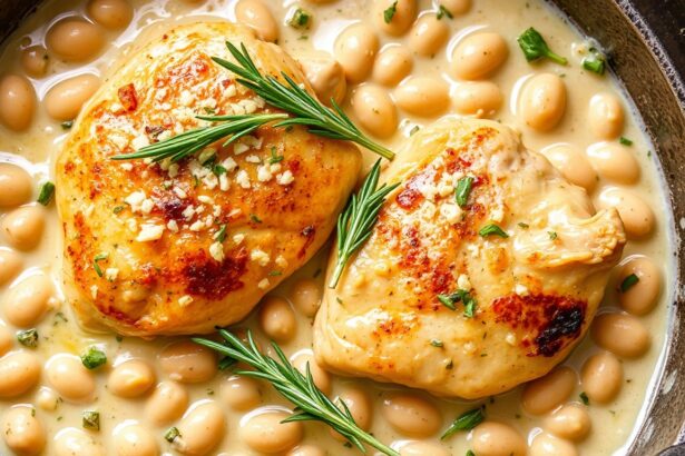 Zesty lemon rosemary chicken with creamy white beans.