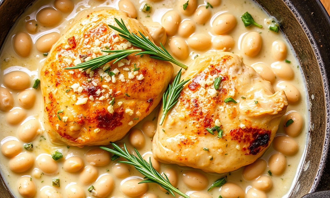 Zesty lemon rosemary chicken with creamy white beans.