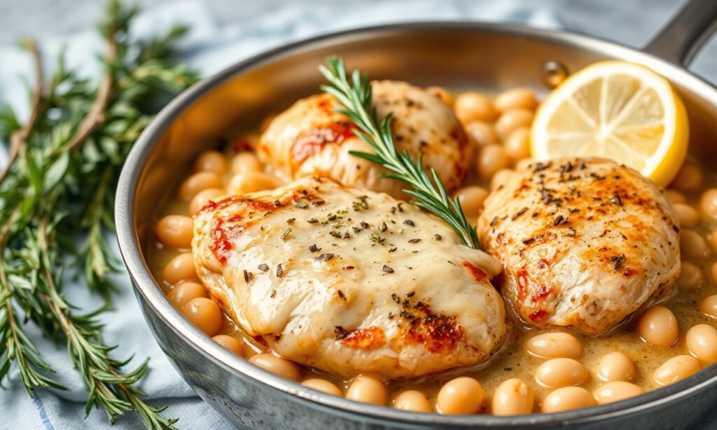 Zesty lemon rosemary chicken and creamy white beans recipe.
