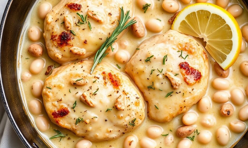 Zesty lemon rosemary chicken with creamy white beans, a gourmet one-pan meal.