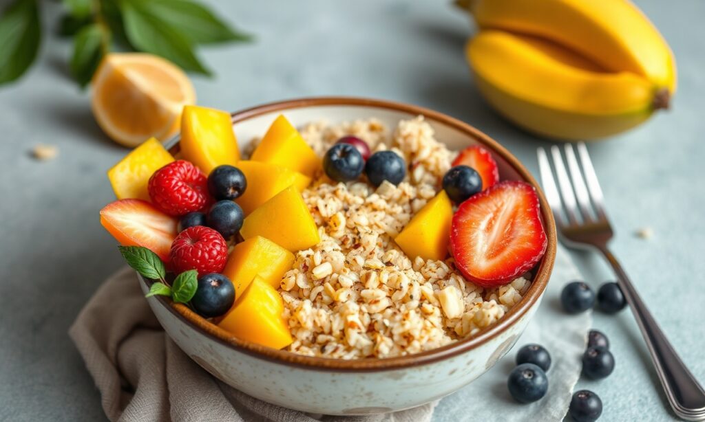 Healthy mango quinoa bowl recipe: tropical sunshine, delicious and nourishing.