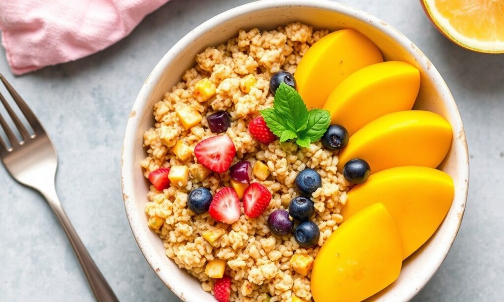 Healthy mango quinoa bowl recipe: vibrant tropical twist flavors.