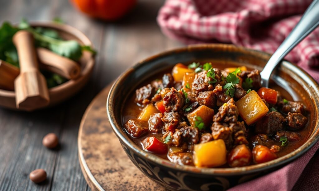 Hearty shredded beef and veggie stew, a comforting classic recipe.