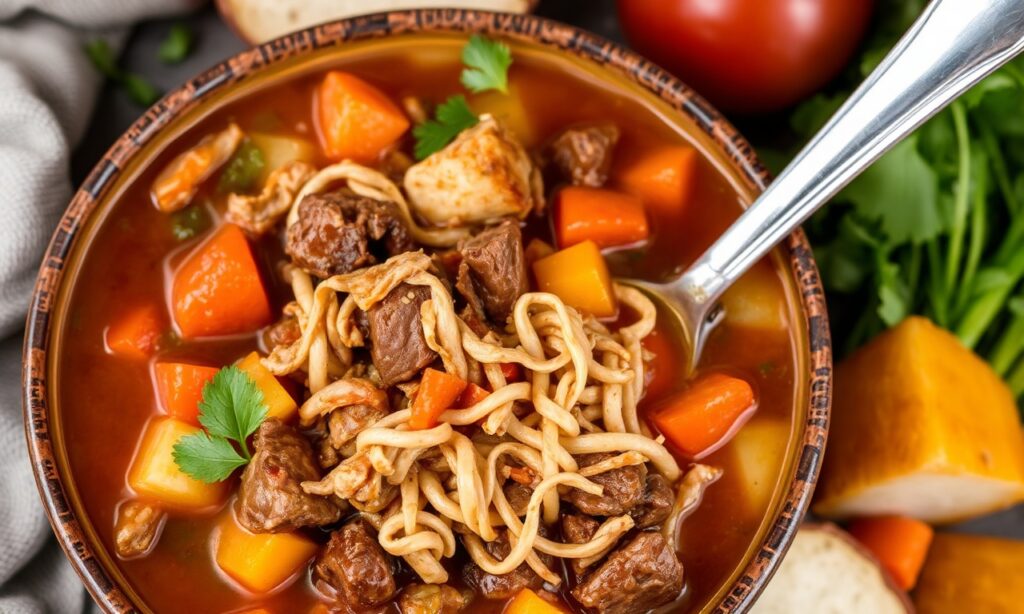 Hearty shredded beef and veggie stew, a comforting classic.