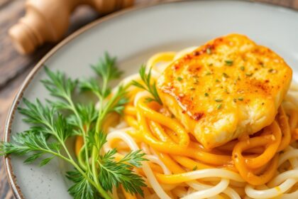 Zesty turmeric fish with dill and light rice noodles.