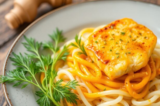 Zesty turmeric fish with dill and light rice noodles.