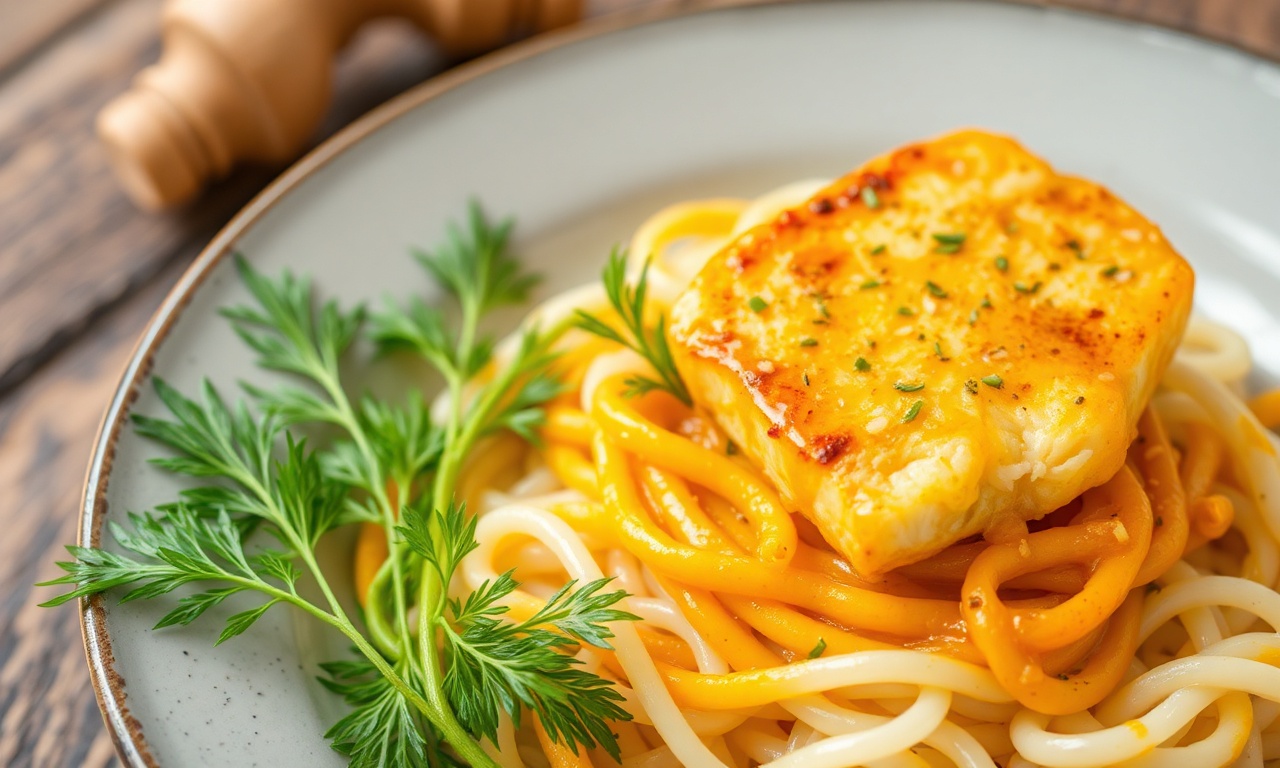 Zesty turmeric fish with dill and light rice noodles.