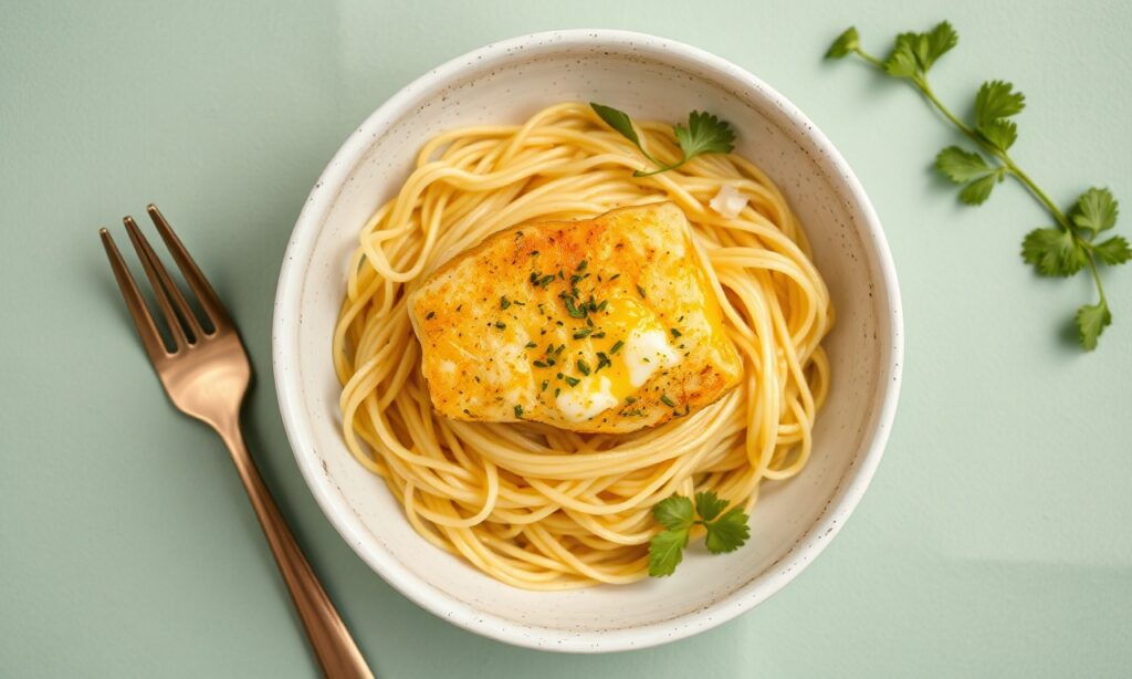 Zesty turmeric fish with dill and light rice noodles.