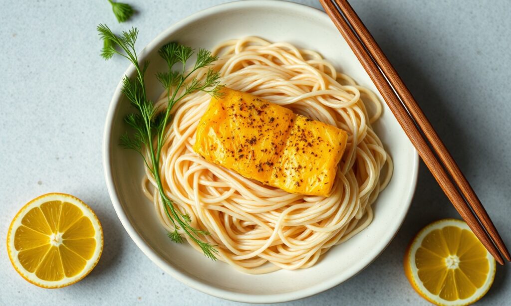 Zesty turmeric fish with dill and rice noodles, a vibrant fusion dish.