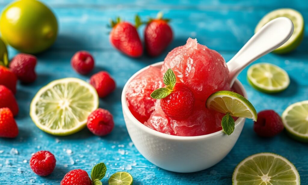 Refreshing raspberry lime sorbet, a zesty summer treat.