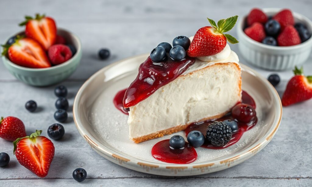 Heavenly Angel food cake with berry compote, a delightful cloud-like treat.