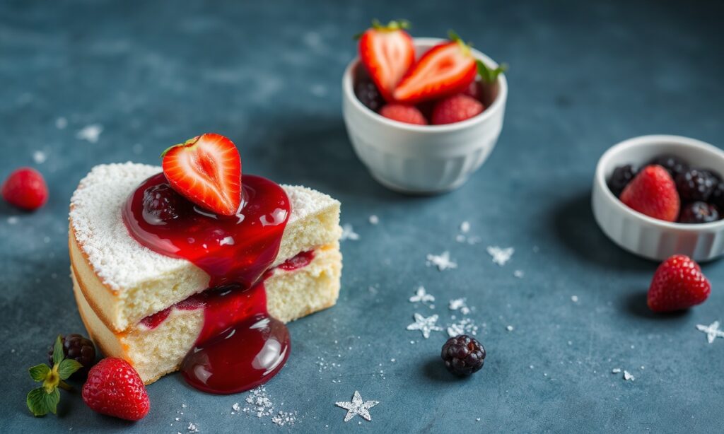 Heavenly Angel food cake with fresh berry compote.