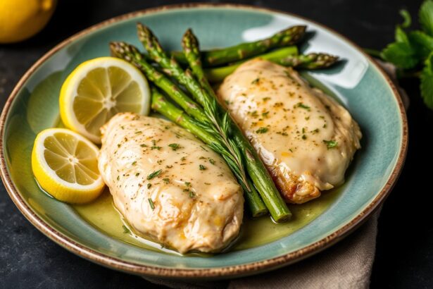 Zesty lemon butter chicken with tender asparagus delight.
