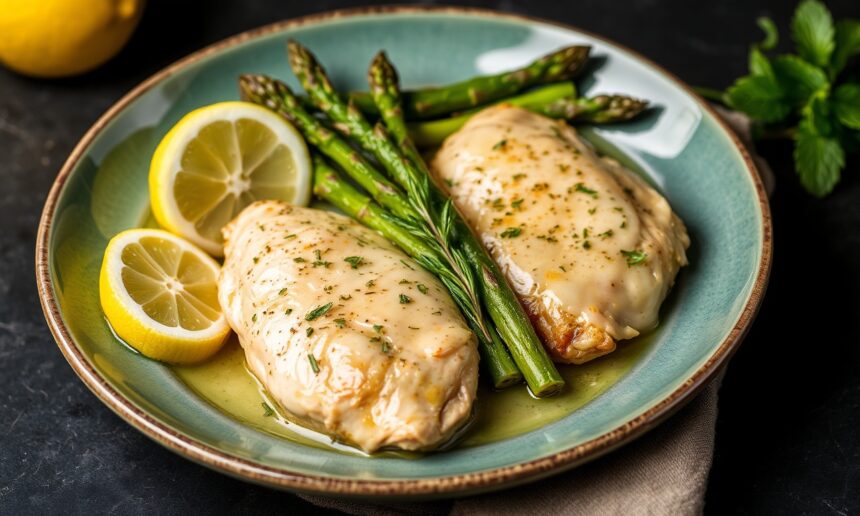Zesty lemon butter chicken with tender asparagus delight.