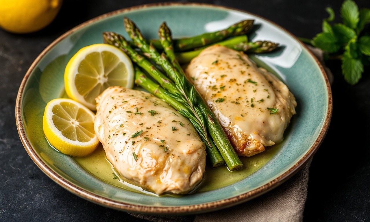 Zesty lemon butter chicken with tender asparagus delight.