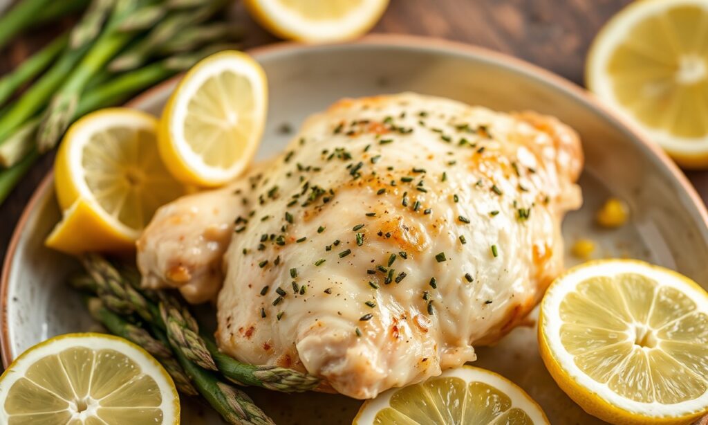 Zesty lemon butter chicken with tender asparagus delight.