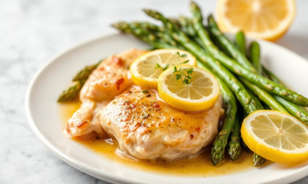 Zesty lemon butter chicken with tender asparagus, bright and flavorful.