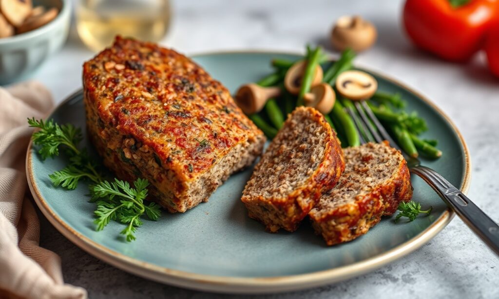 Savory turkey mushroom meatloaf, hearty and healthful recipe.