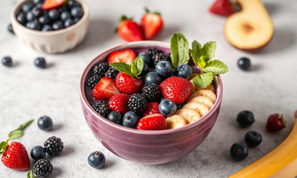 Vibrant Açaí Bowls piled high with fresh, colorful fruit toppings.