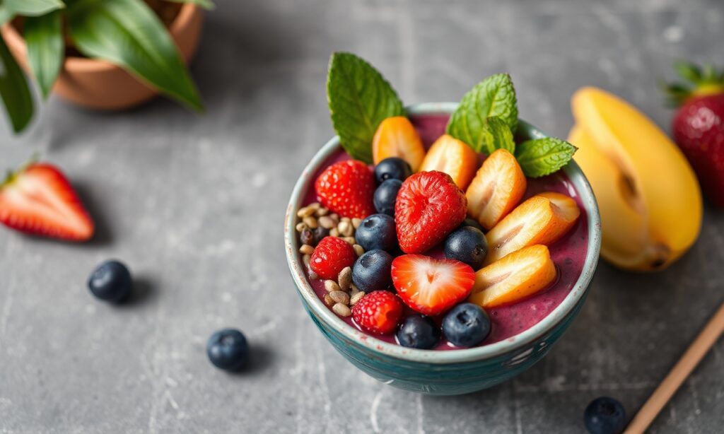 Vibrant Açaí Bowls bursting with colorful, fresh fruit toppings.