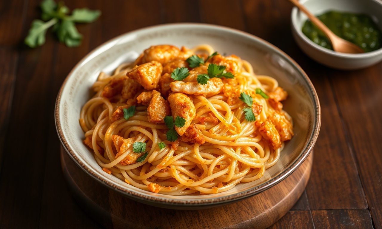 Golden crispy pan-fried chicken rice noodles recipe.