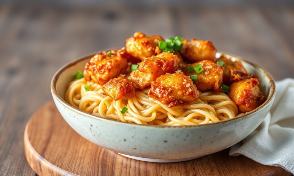 Golden crispy pan-fried chicken noodles, perfectly crunchy and tender.
