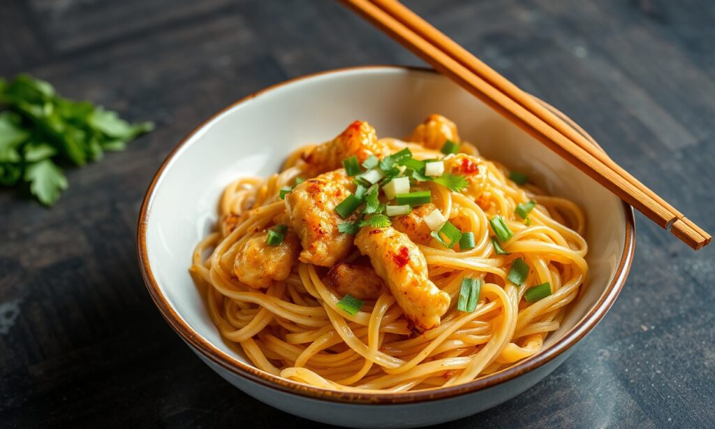 Golden crispy chicken noodles: Comfort food perfection.
