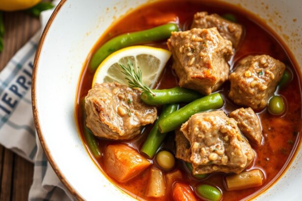 Zesty lamb stew with green beans and lemon twist.