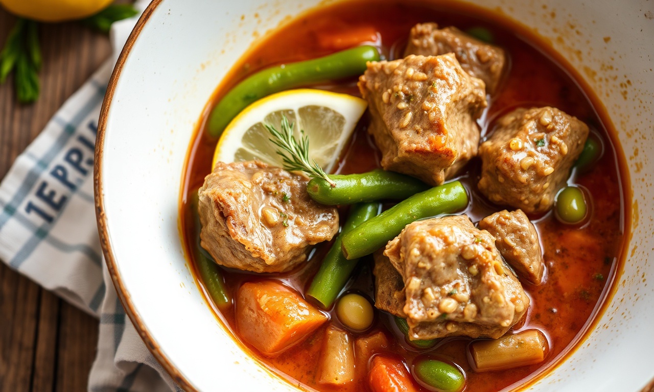 Zesty lamb stew with green beans and lemon twist.