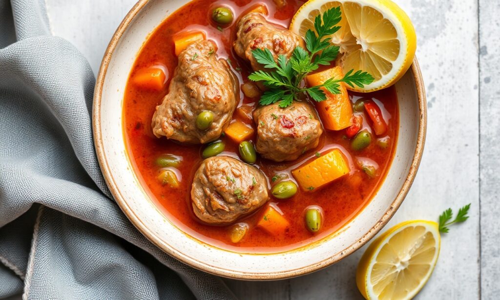 Zesty lamb stew with green beans and lemon, a flavorful delight.