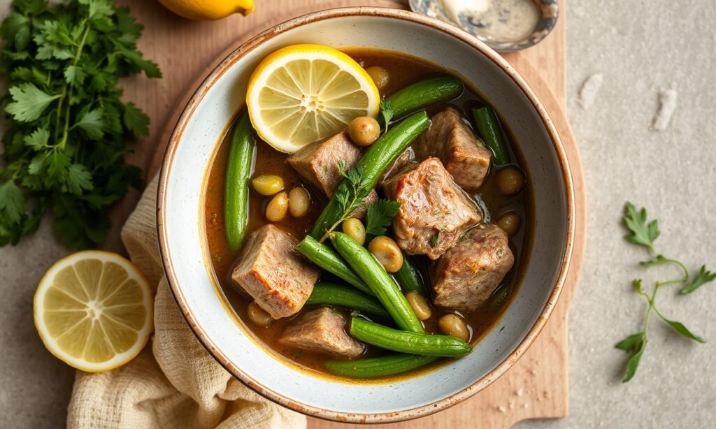Zesty lamb stew with green beans and lemon, a comforting dish.