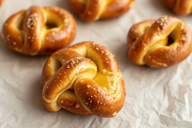 Art soft pretzels twisted with mustard dip.