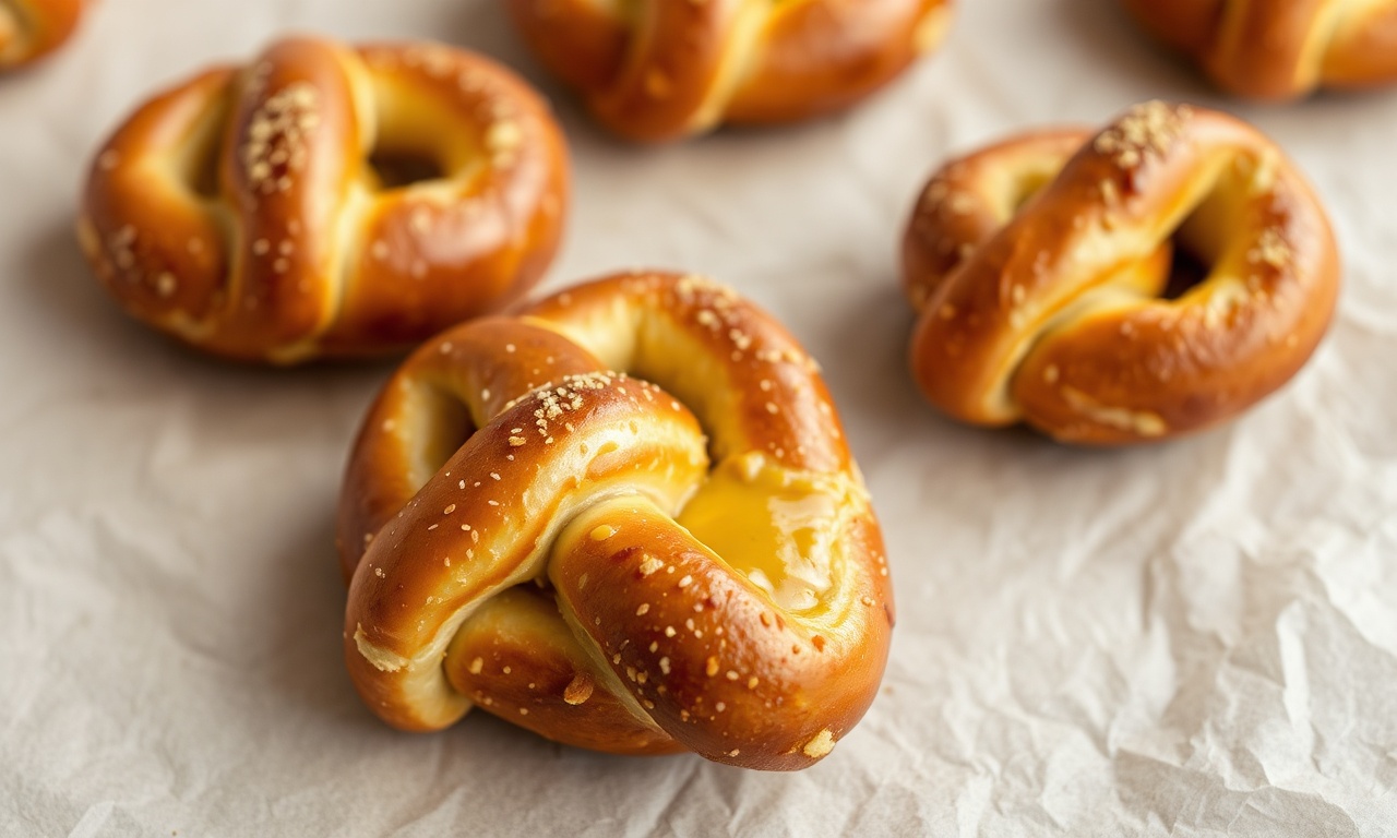 Art soft pretzels twisted with mustard dip.