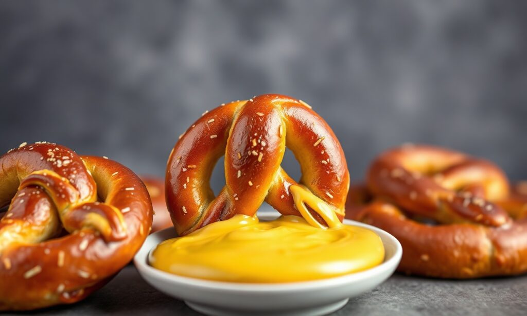 Art soft pretzel knots with mustard dip: culinary joy.