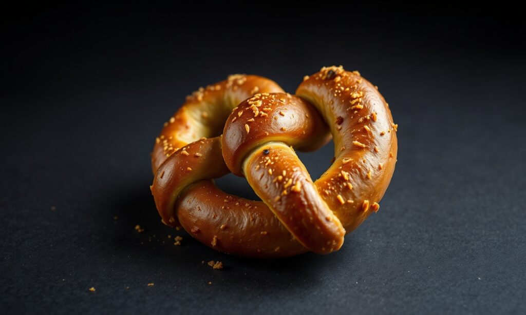 Art soft pretzel twisted perfectly with mustard dip.
