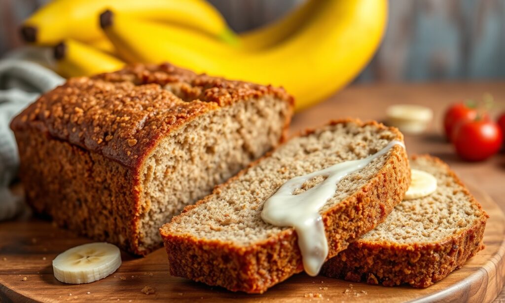 Moist vegan banana bread slice, warm, sweet, simple, delight.