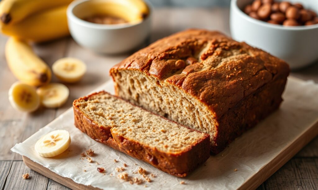 Moist vegan banana bread, golden crust, sweet aroma, tender crumb.