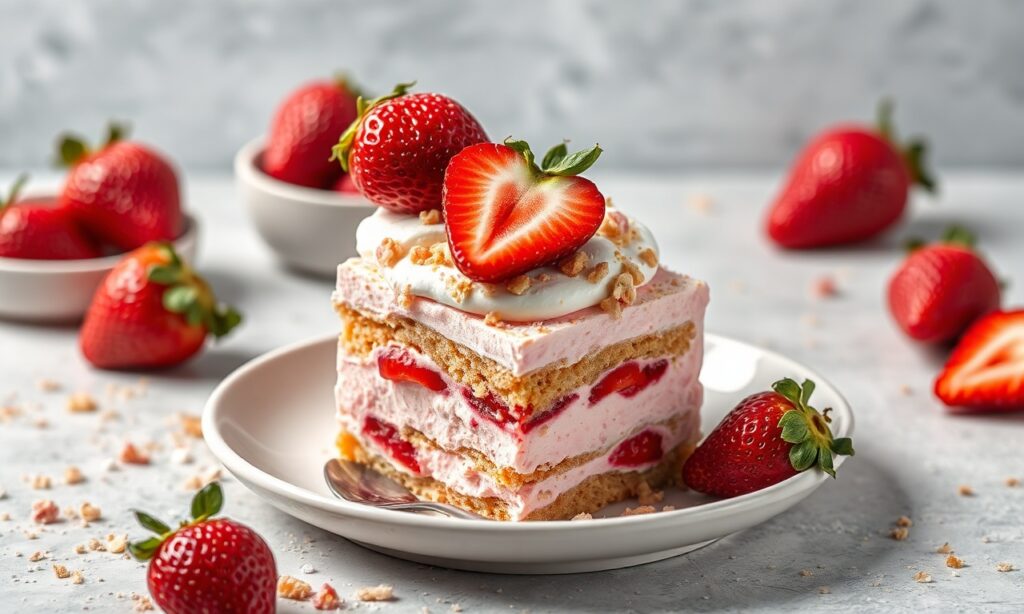 Irresistible strawberry crunch ice cream cake delight with creamy layers.