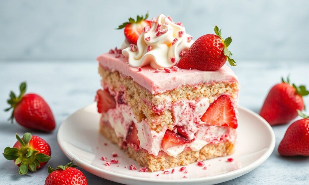 Irresistible Strawberry crunch ice cream cake, a perfect summer delight.