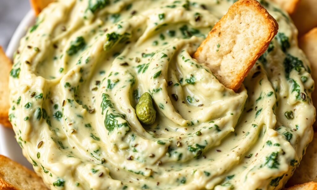 Creamy vegan spinach artichoke dip, perfect for guilt-free indulgence.