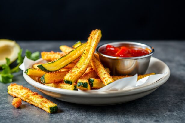 Irresistible crispy air fryer zucchini fries with marinara dip.
