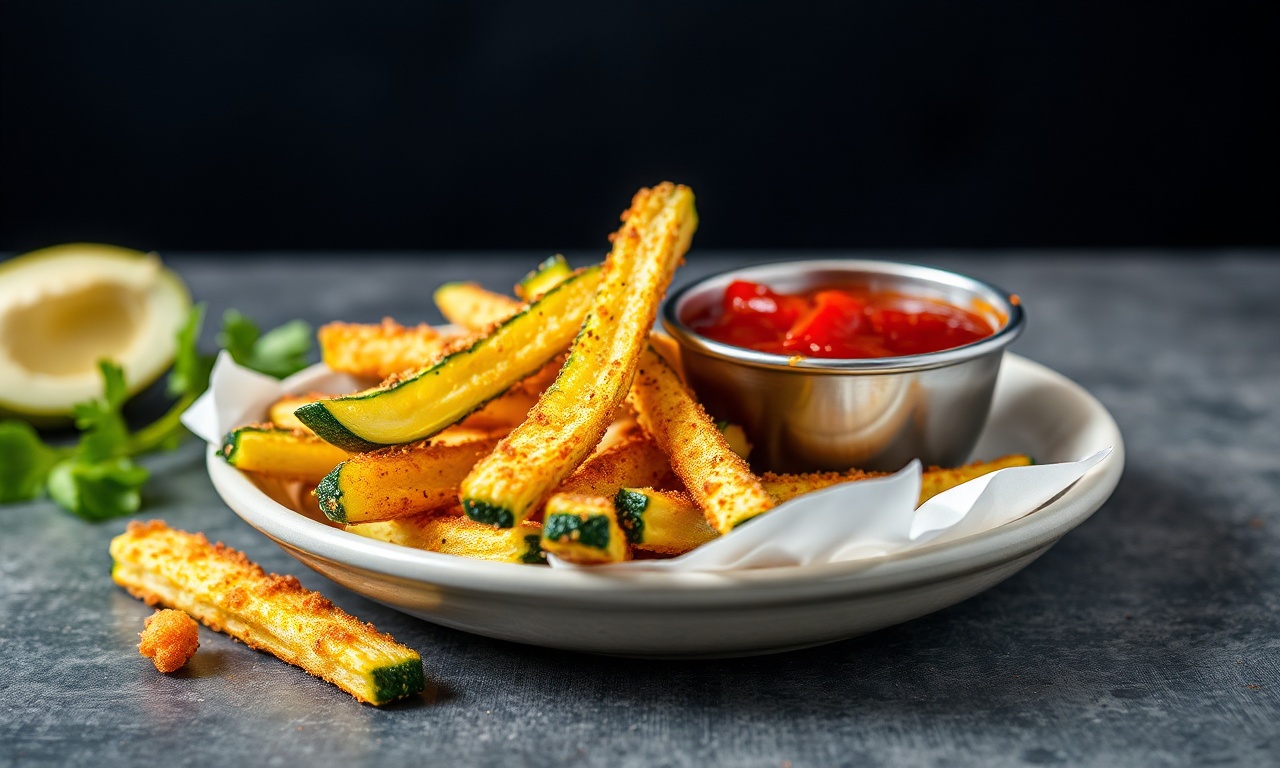Irresistible crispy air fryer zucchini fries with marinara dip.