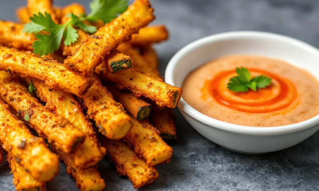 Irresistible crispy air fryer zucchini fries with tangy marinara dip.