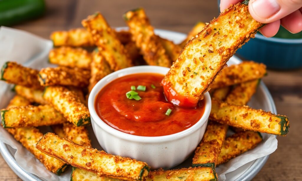 Irresistible Crispy air fryer zucchini fries with marinara dip.